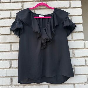 Max Studio Lace Trim Collared Top in Black - Size Medium